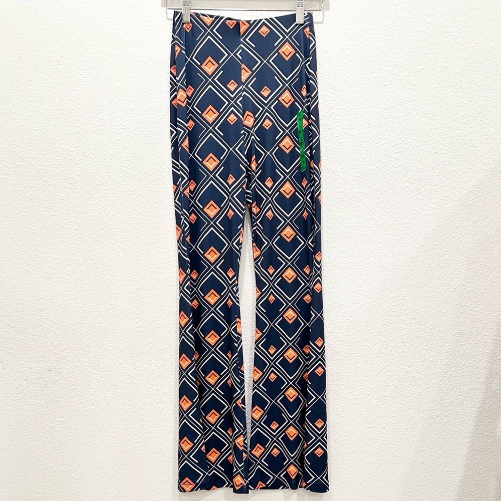 NWT! ZARA Navy and Orange Geometrical Pattern Flare Pants!